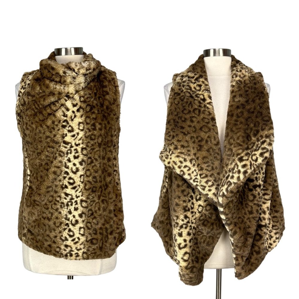 Jolt Leopard Faux Fur Cross Snap Collar Vest Brown Tan size Medium